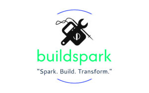 Logo for buildspark featuring a paintbrush, spanner, and screwdriver inside a black circuit, with the tagline Spark. Build. Transform. below in blue text.
