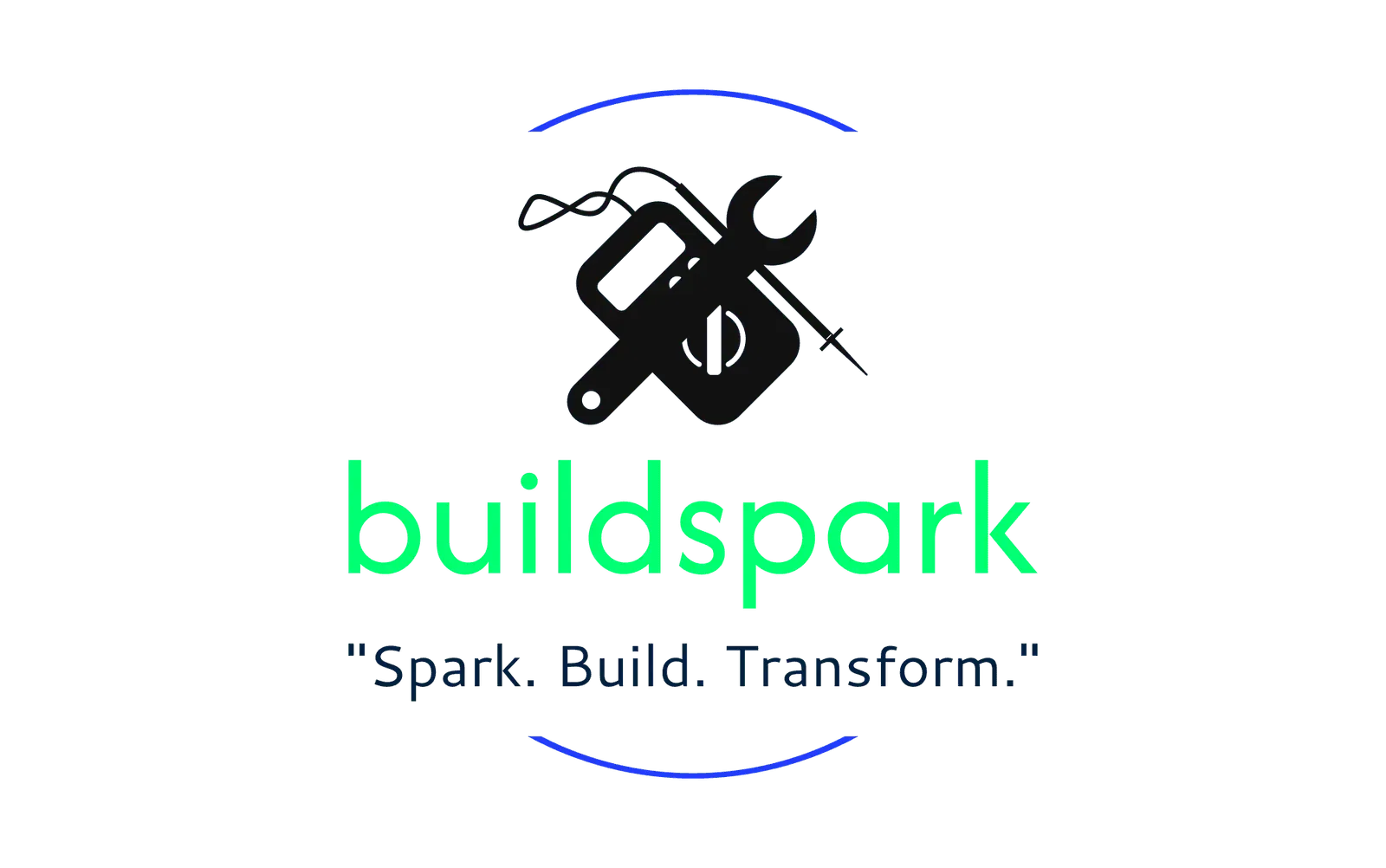 Logo for buildspark featuring a paintbrush, spanner, and screwdriver inside a black circuit, with the tagline Spark. Build. Transform. below in blue text.