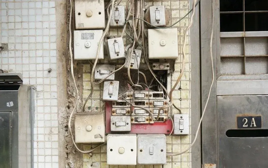 A cluster of old, weathered electrical boxes with tangled wires mounted on a tiled wall next to a metal door labelled 2A. The installation appears disorganised and aged.