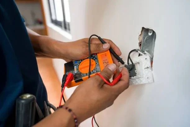 A person uses a digital multimeter to test the voltage of electrical wiring in a wall socket, holding red and black probes to the exposed wires.