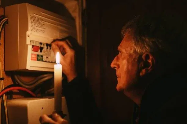 An older man holds a lit candle while inspecting and adjusting switches on an electrical fuse box during a power cut, awaiting urgent electrical repairs in Wimbledon. The scene is dimly lit by the candlelight.