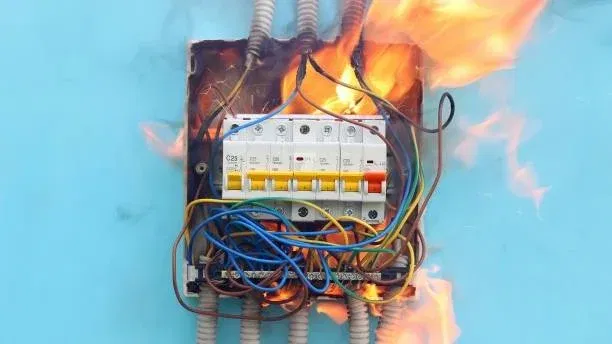 An electrical consumer unit with exposed wires is on fire, with bright flames and smoke coming from the circuit breakers against a light blue background.
