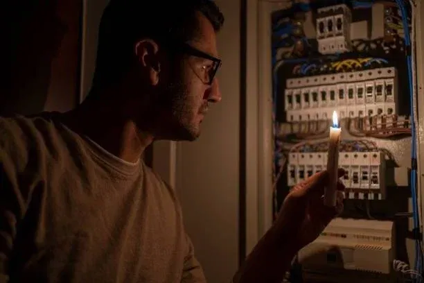 A man holds a lit candle to inspect an electrical panel in a dark room, highlighting his face and the circuit breakers with the candlelight.