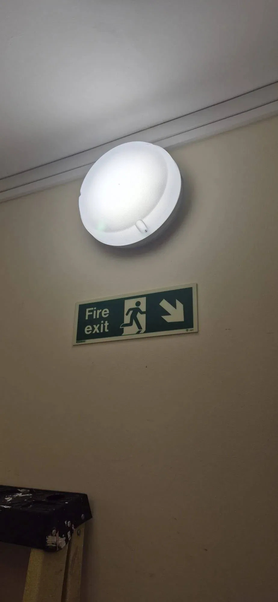 A round ceiling light is mounted above a green Fire exit sign with a right arrow and running figure. The corner of a black ladder is visible at the bottom left of the image.