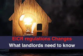 House-shaped wooden model with glowing light bulb and overlay text “EICR regulations changes – What landlords need to know,” representing electrical safety certificate London, landlord EICR compliance, and rental property electrical inspection services by BuildSpark