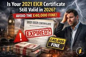 Man looking concerned with London skyline and Big Ben background, overlay text “Is your 2021 EICR certificate still valid in 2026? Avoid £40,000 fine!” with expired certificate stamp, highlighting landlord electrical compliance London and EICR regulations for BuildSpark