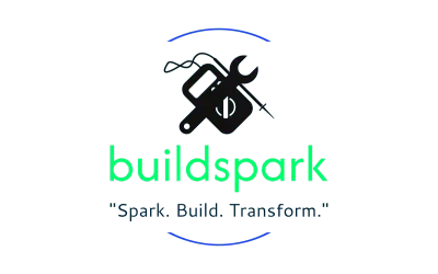 Logo for buildspark featuring a paintbrush, spanner, and screwdriver inside a black circuit, with the tagline Spark. Build. Transform. below in blue text.