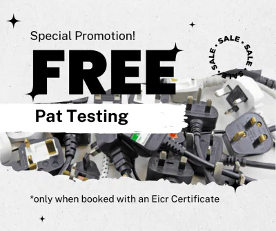 A free pat testing tooting displays a bold and vibrant message, with Free Pat Testing Tooting in stark black against a pristine white background. The sleek design, emphasizing professionalism, invites you to experience the service at the bottom right corner, capturing attention for a hassle-free offer.