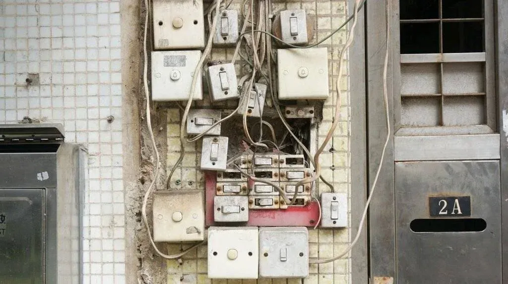 A cluster of old, weathered electrical boxes with tangled wires mounted on a tiled wall next to a metal door labelled 2A. The installation appears disorganised and aged.