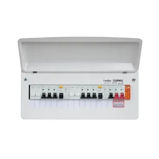 A white consumer unit with an open lid, displaying multiple labelled circuit breakers and switches arranged in a row, highlights the importance of electrical safety.