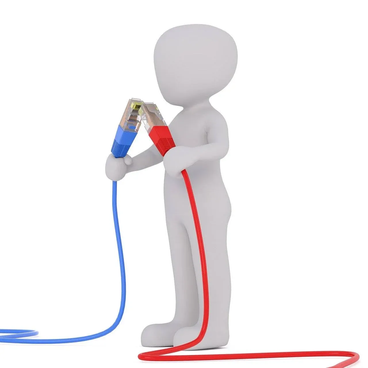 A 3D humanoid figure holding two large jump leads, one red and one blue, standing on a white background. The leads are positioned near the figure's face.