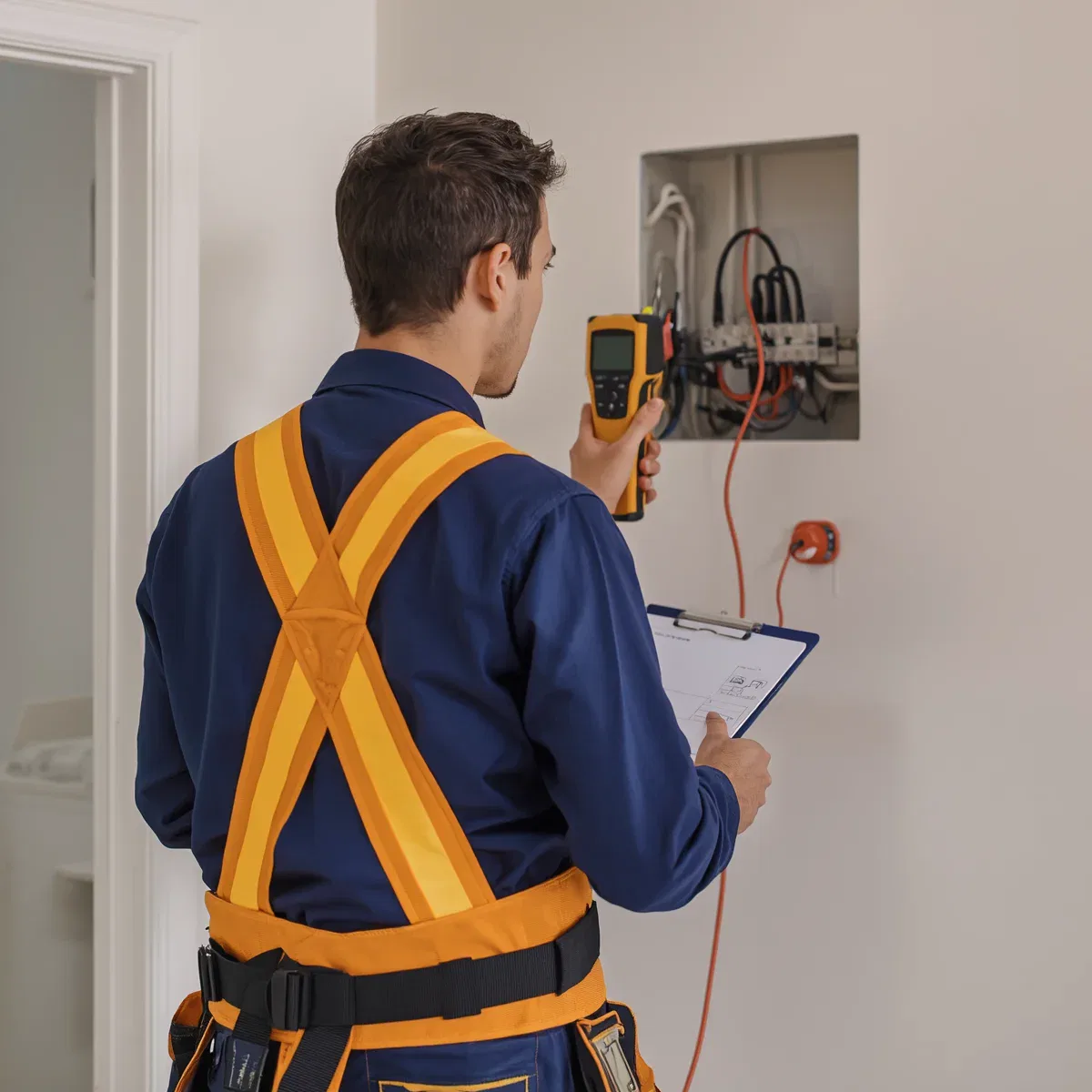 Professional electrician in Balham carrying out an electrical inspection on a consumer unit with testing equipment in a residential property.