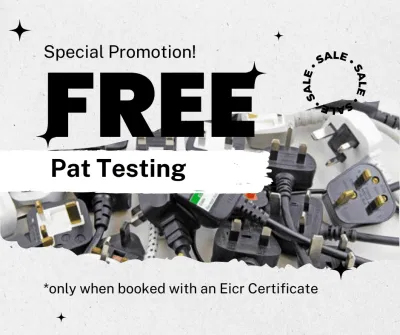 A free pat testing tooting displays a bold and vibrant message, with Free Pat Testing Tooting in stark black against a pristine white background. The sleek design, emphasizing professionalism, invites you to experience the service at the bottom right corner, capturing attention for a hassle-free offer.