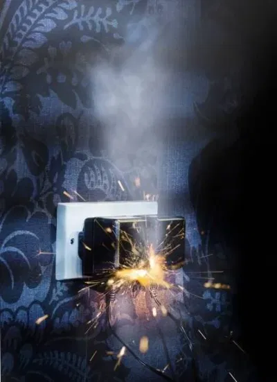 A smoking electrical socket with a black charger plugged in emits sparks and bright flashes against a dark, patterned wall—an urgent electrical repairs Tooting situation highlighting serious fire hazards.