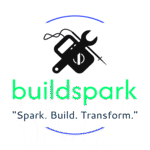 buildspark-logo Logo for buildspark featuring a paintbrush, spanner, and screwdriver inside a black circuit, with the tagline Spark. Build. Transform. below in blue text.