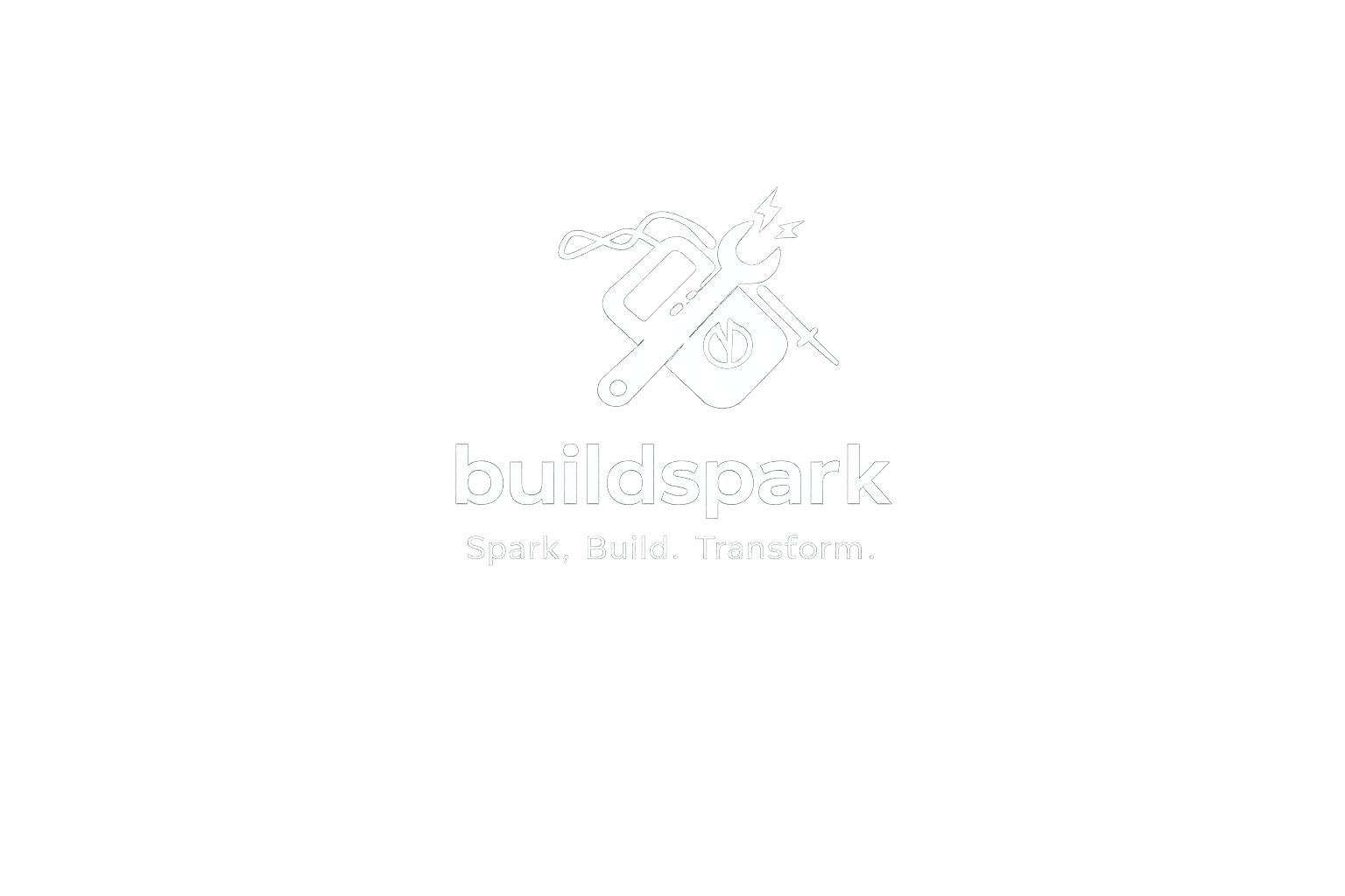 buildspark logo large Logo for buildspark featuring a paintbrush, spanner, and screwdriver inside a black circuit, with the tagline Spark. Build. Transform. below in blue text.