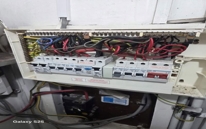 EICR Certificate Inspection Cheam SM2 | BuildSpark Testing An open Hager dual RCD consumer unit showing exposed circuit wiring, neutral bars, and circuit breakers under inspection during a domestic landlord safety audit, referenced as eicr certificate cheam.jpg.